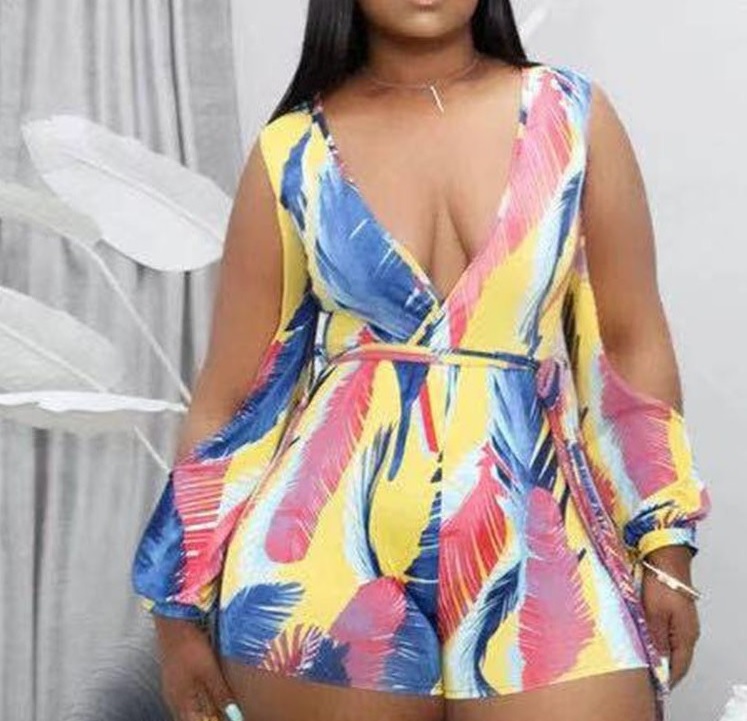 2-1 Plus Size Print Floral Shorts Sexy Slim Women's Rompers